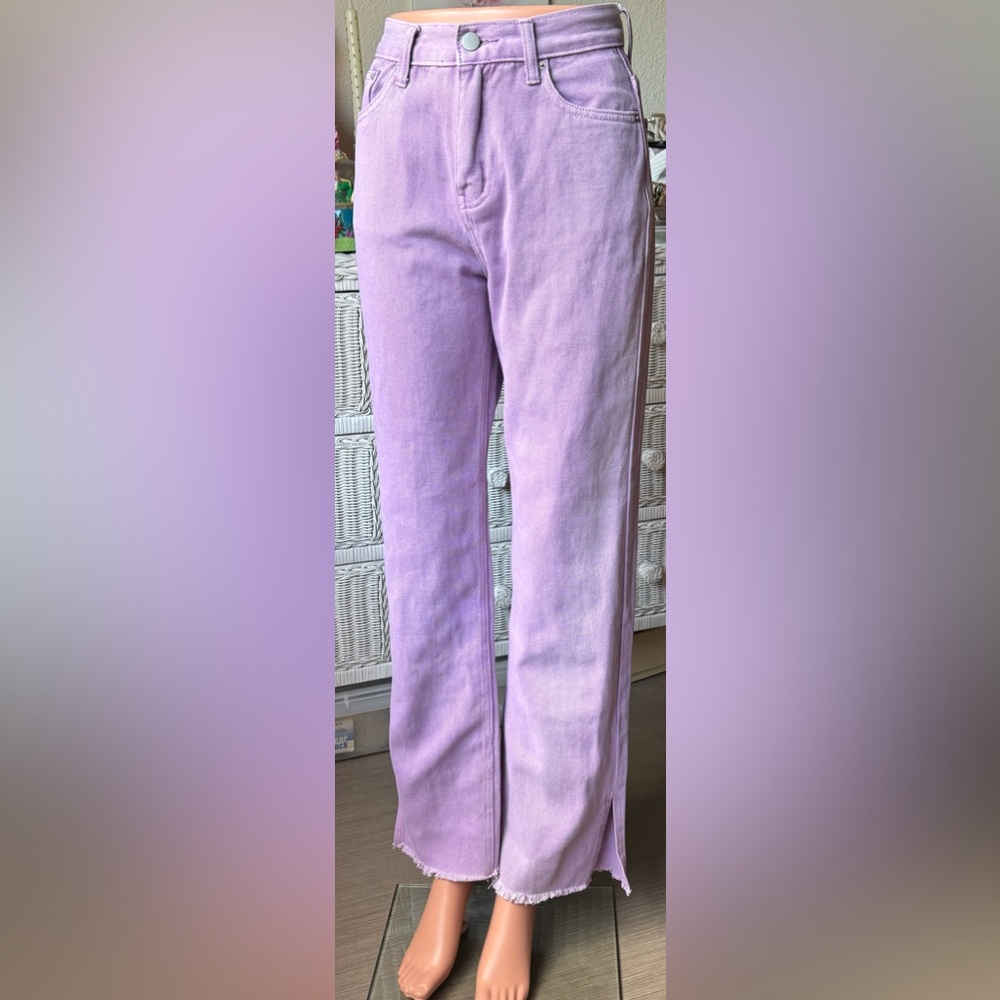 Ashi by Ashi Studio Flare Leg Jeans Side Leg Vents Raw Hems Lavender Size M